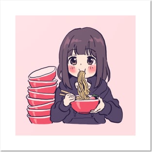 I draw cute anime girl eating ramen / Menhera Shoujo Kurumi-chan Posters and Art